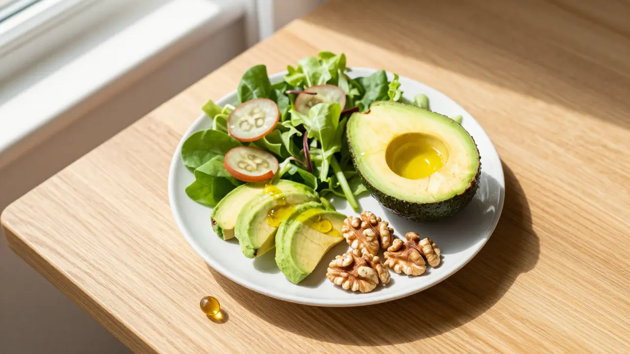 Zdravý oběd s avokádem a ořechy vedle kapsle vitamínu D3 a K2.