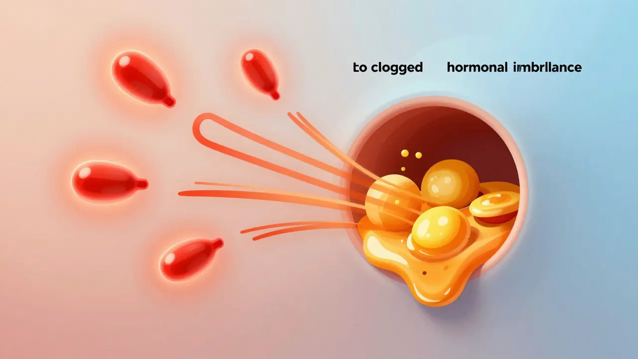 Abstraktní ilustrace příčin ucpaných pórů: hormony a stres