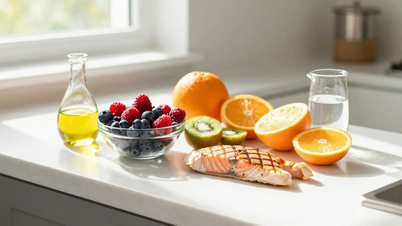 Čerstvé potraviny bohaté na bílkoviny a vitamín C pro podporu kůže