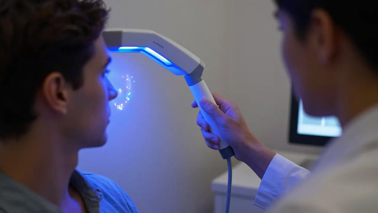 Dermatolog vyšetřuje kůži pacienta pod UV světlem