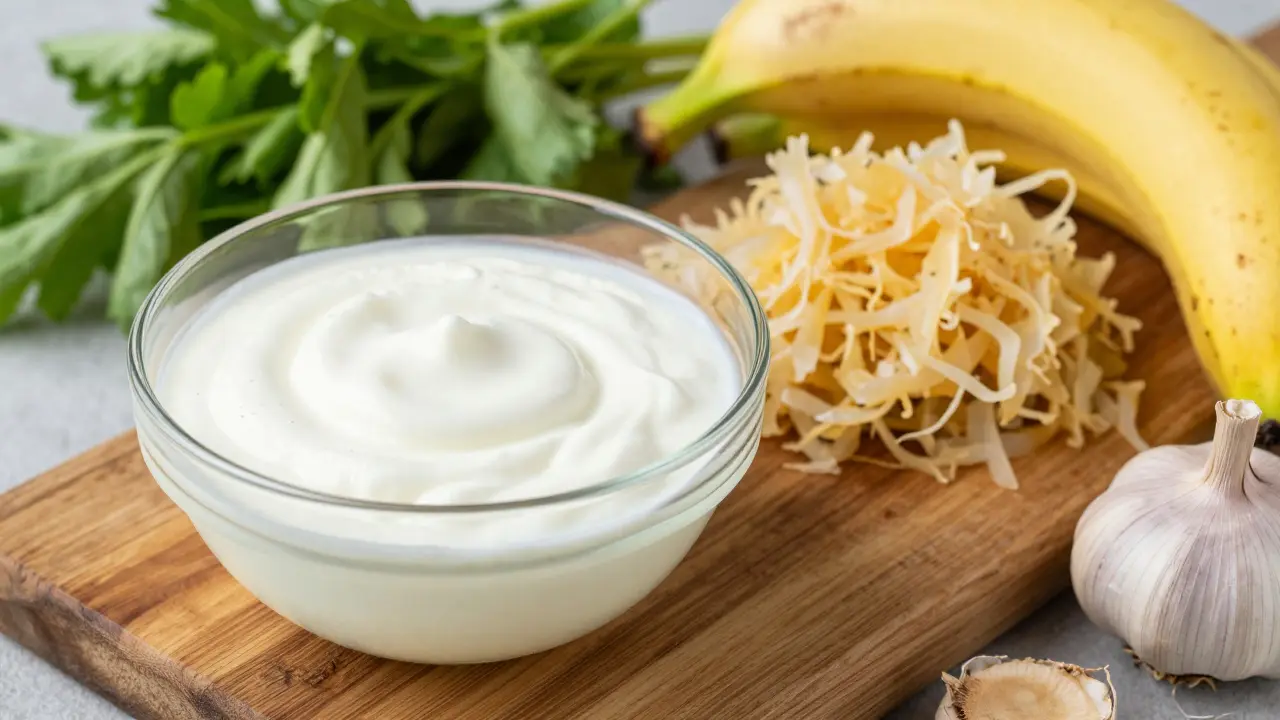 Fermentované potraviny a jogurt na dřevě