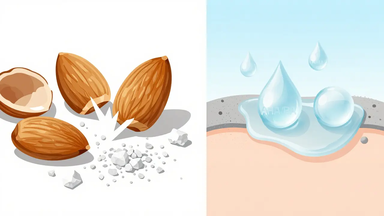 Ilustrace srovnávající drsný mechanický peeling s jemným chemickým peelingem