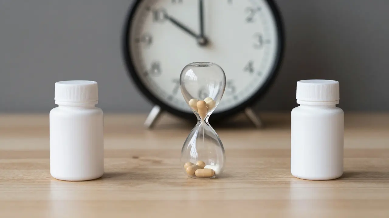 Láhev antibiotik a probiotik oddělené na stole, symbolizující časový odstup