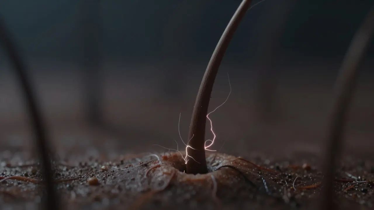 Makro ilustrace jehly při elektrolyze ničící vlasový folikul