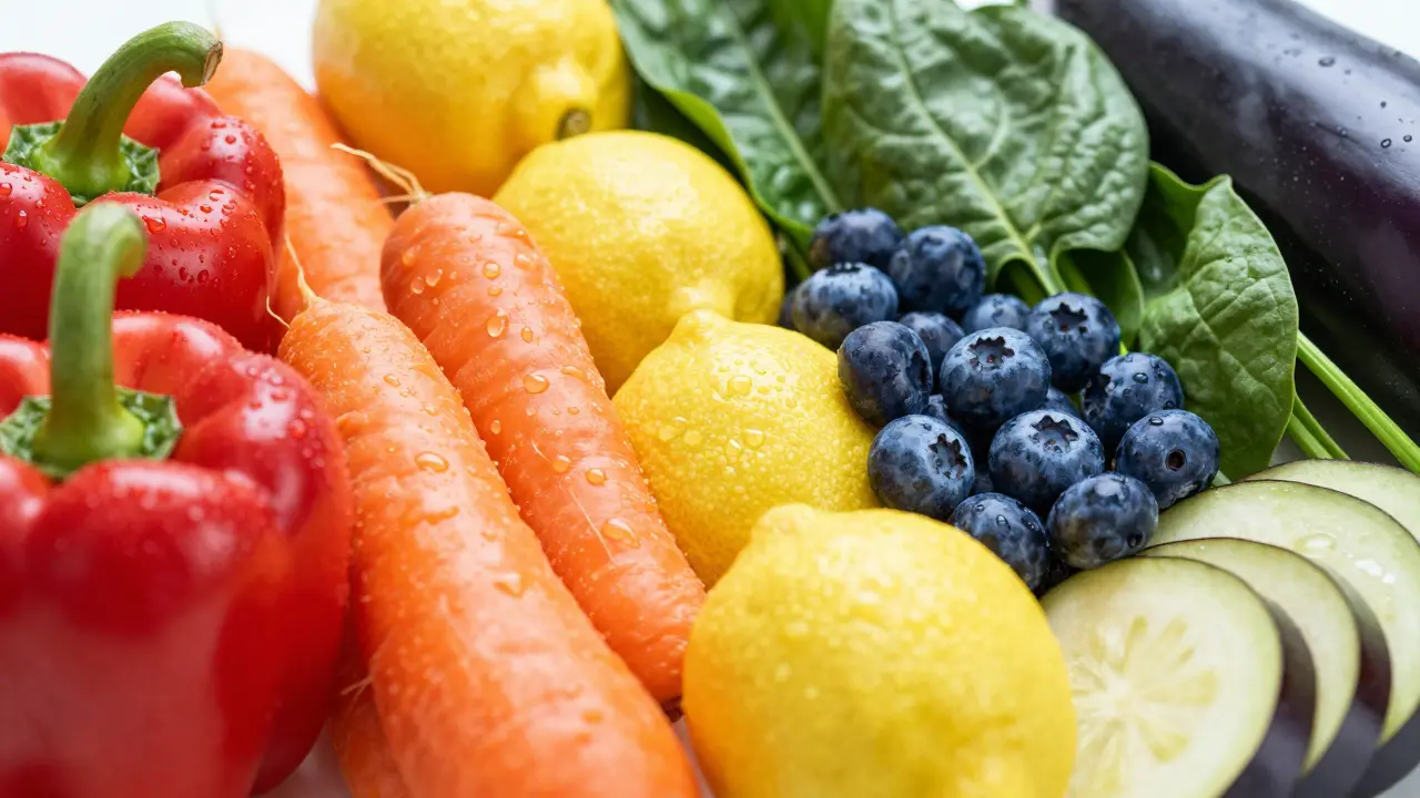 Pestrá paleta čerstvého ovoce a zeleniny makro záběr