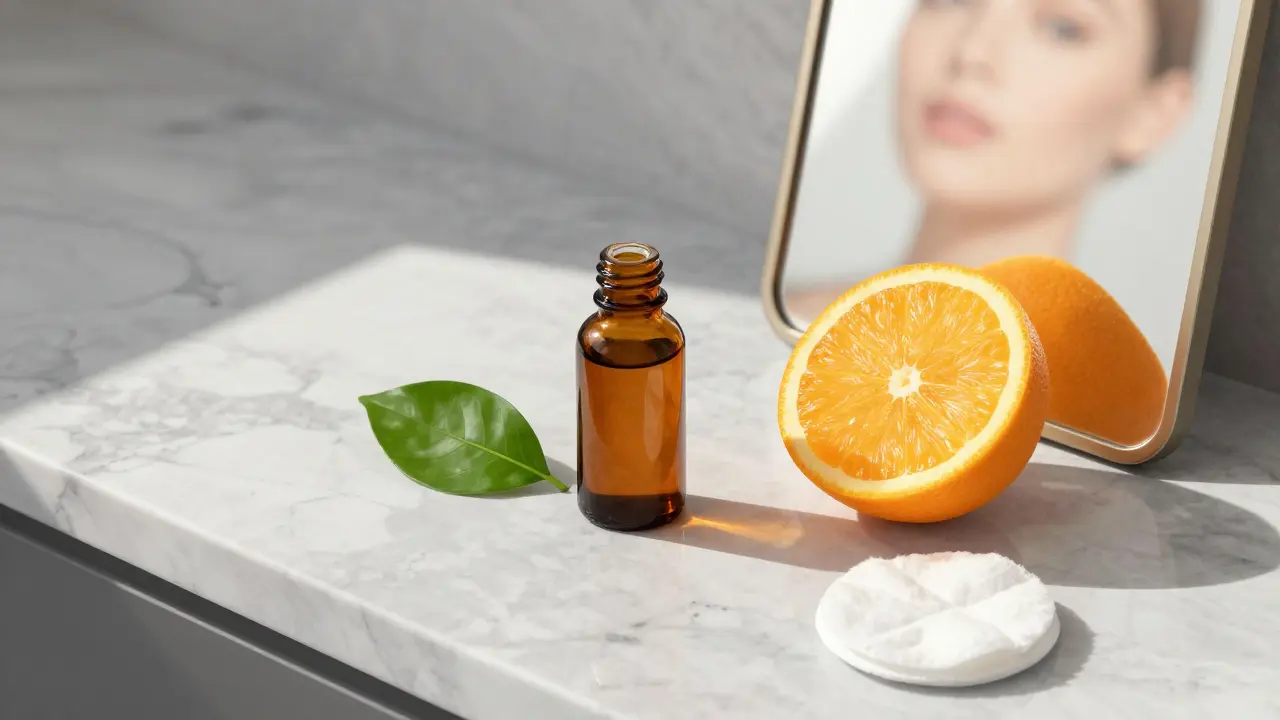 Sérum s vitamínem C a přírodními prvky na mramoru