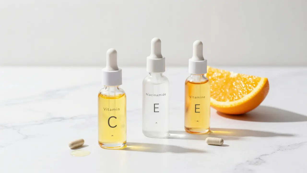 Skleněné lahvičky se séry vitamínů C, B3 a E vedle čerstvých ingrediencí