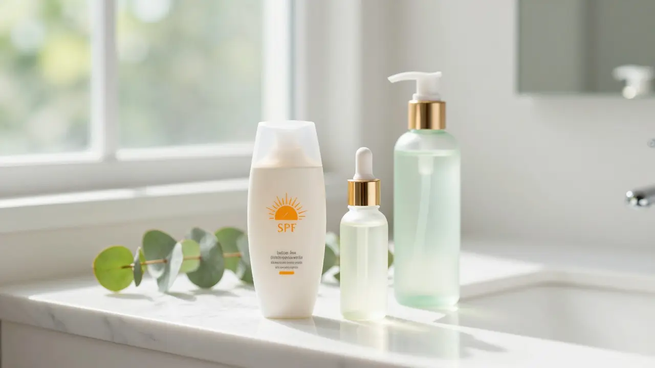 Skříňka s produkty na péči o pleť, včetně SPF krému a séra, při denním světle