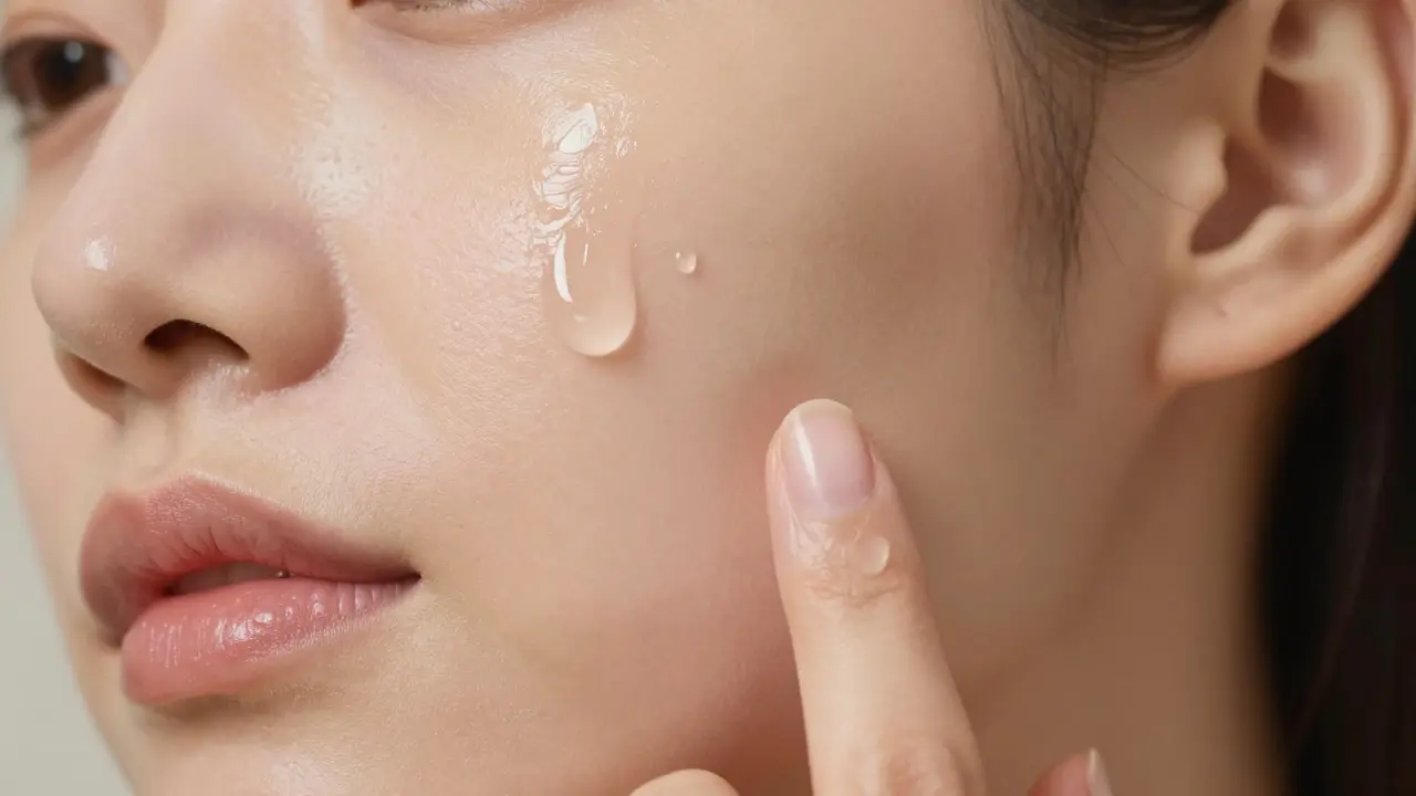 Žena nanáší sérum na tvář, detail absorpce do pleti