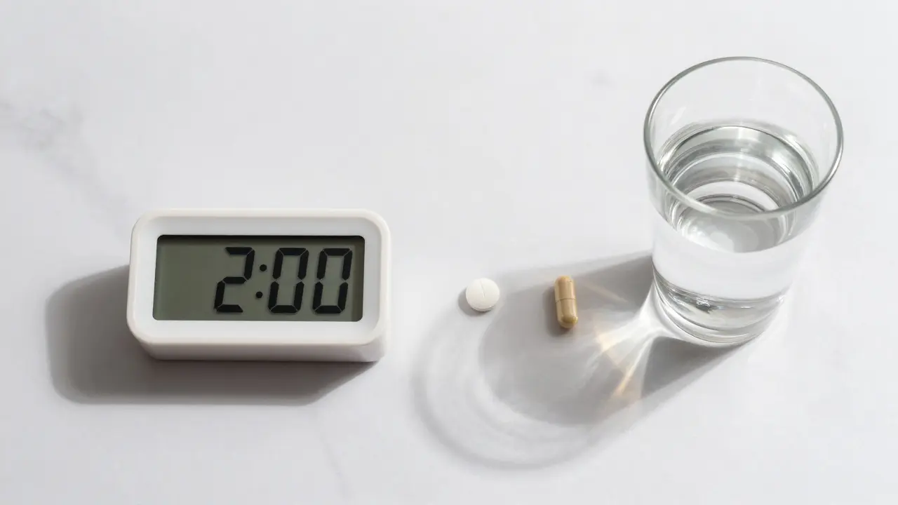 Antibiotikum a probiotikum oddělené časem na bílém podkladu