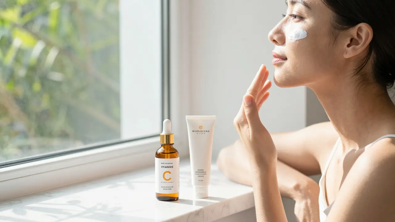 Aplikace sluneční ochrany a rozdělení vitamínu C a retinolu