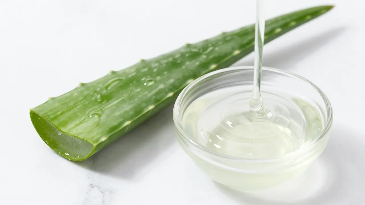 Čerstvý průhledný gel z nakrájeného listu aloe vera na bílém podkladu
