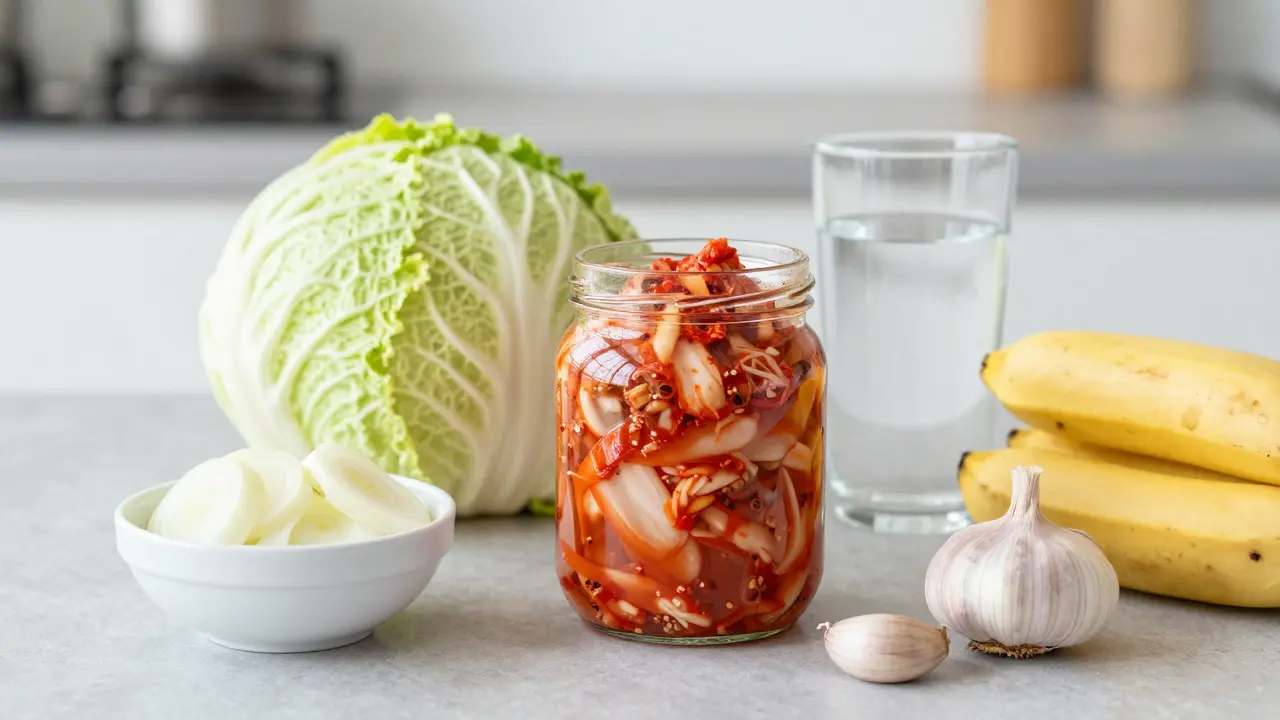 Domácí kimchi, cibule a banány pro podporu střevní mikrobioty