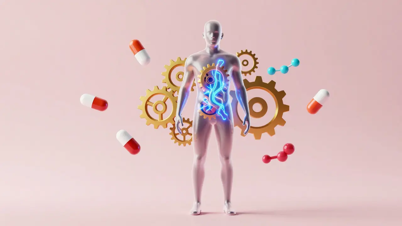 Konceptuální ilustrace lidského těla s ozubenými koly symbolizujícími metabolismus