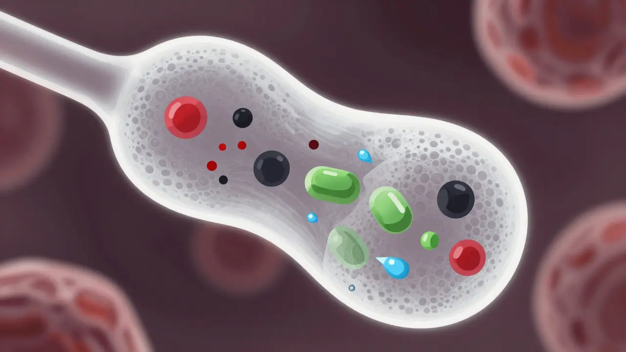 Konceptuální ilustrace selektivního zachycování toxinů ve střevech