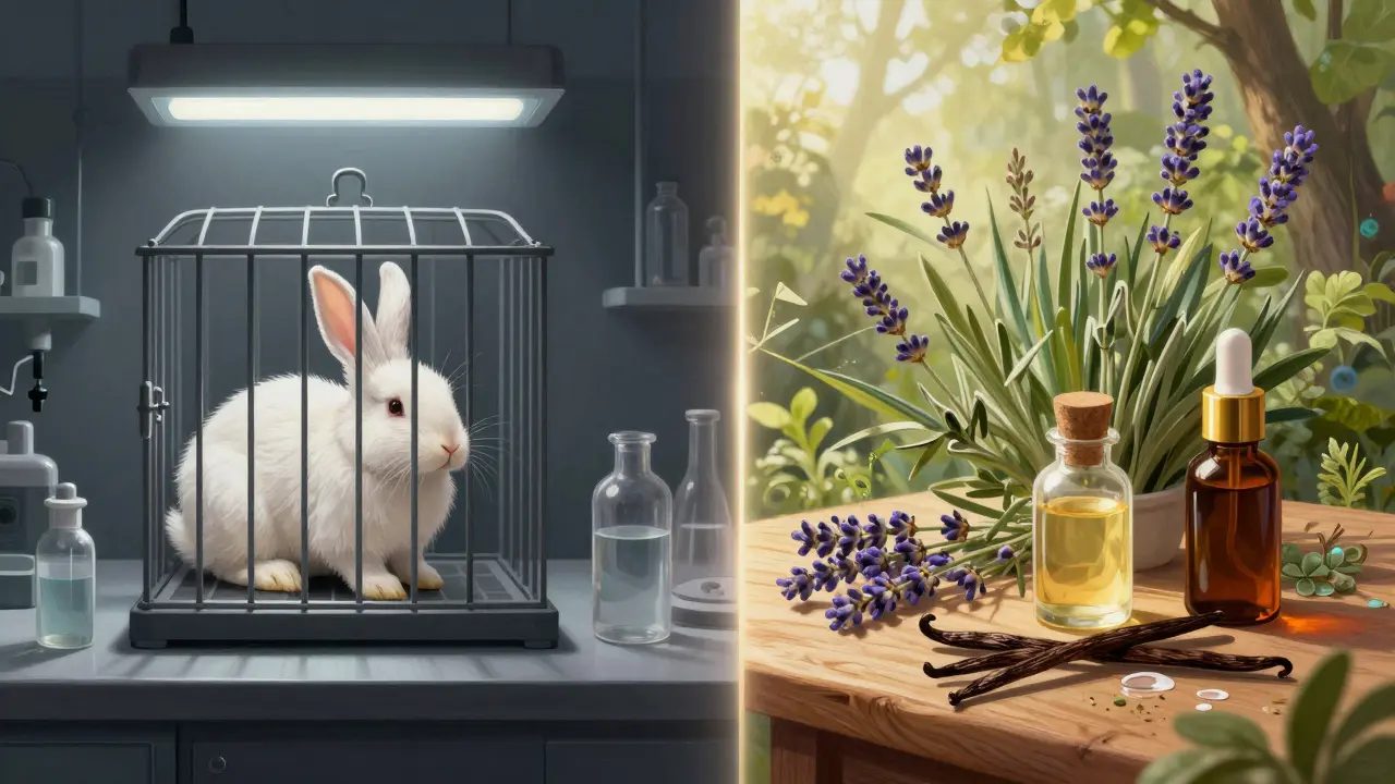 Kontrast mezi sterilní laboratoří se zajícem a přírodními ingrediencemi na slunci jako symbol etické volby.