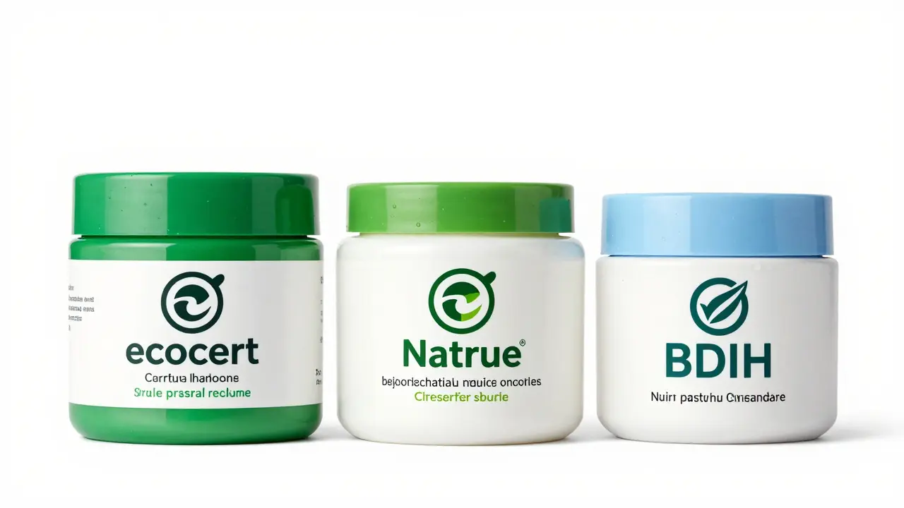 Lahev přírodní kosmetiky s certifikáty Ecocert a Natrue na bílém pozadí