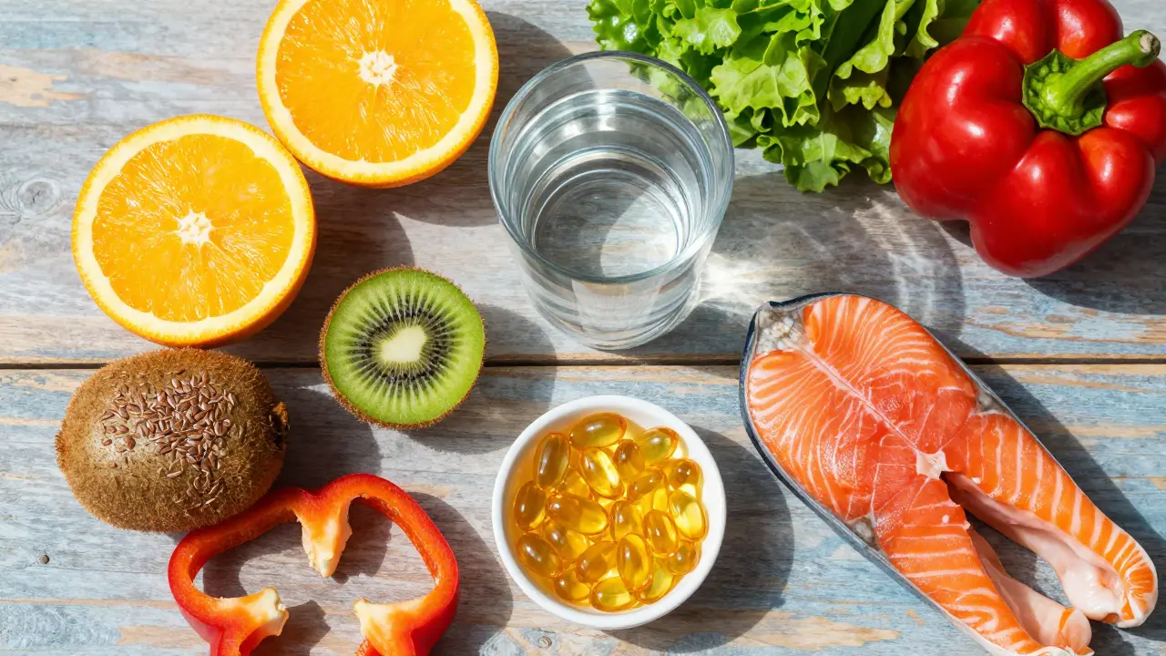 Ovocné a zeleninové zdroje vitamínu C a omega-3 tuků na dřevěném stole