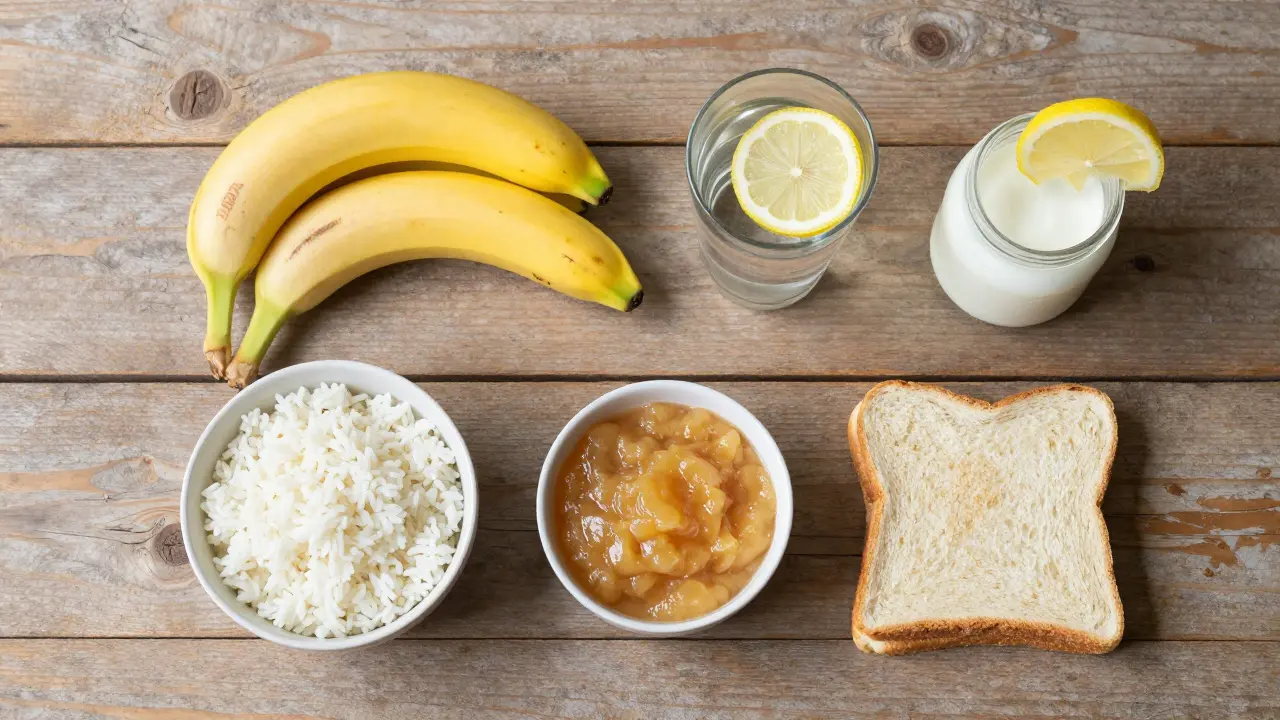Rozložení potravin pro BRAT dietu: banány, rýže, toast