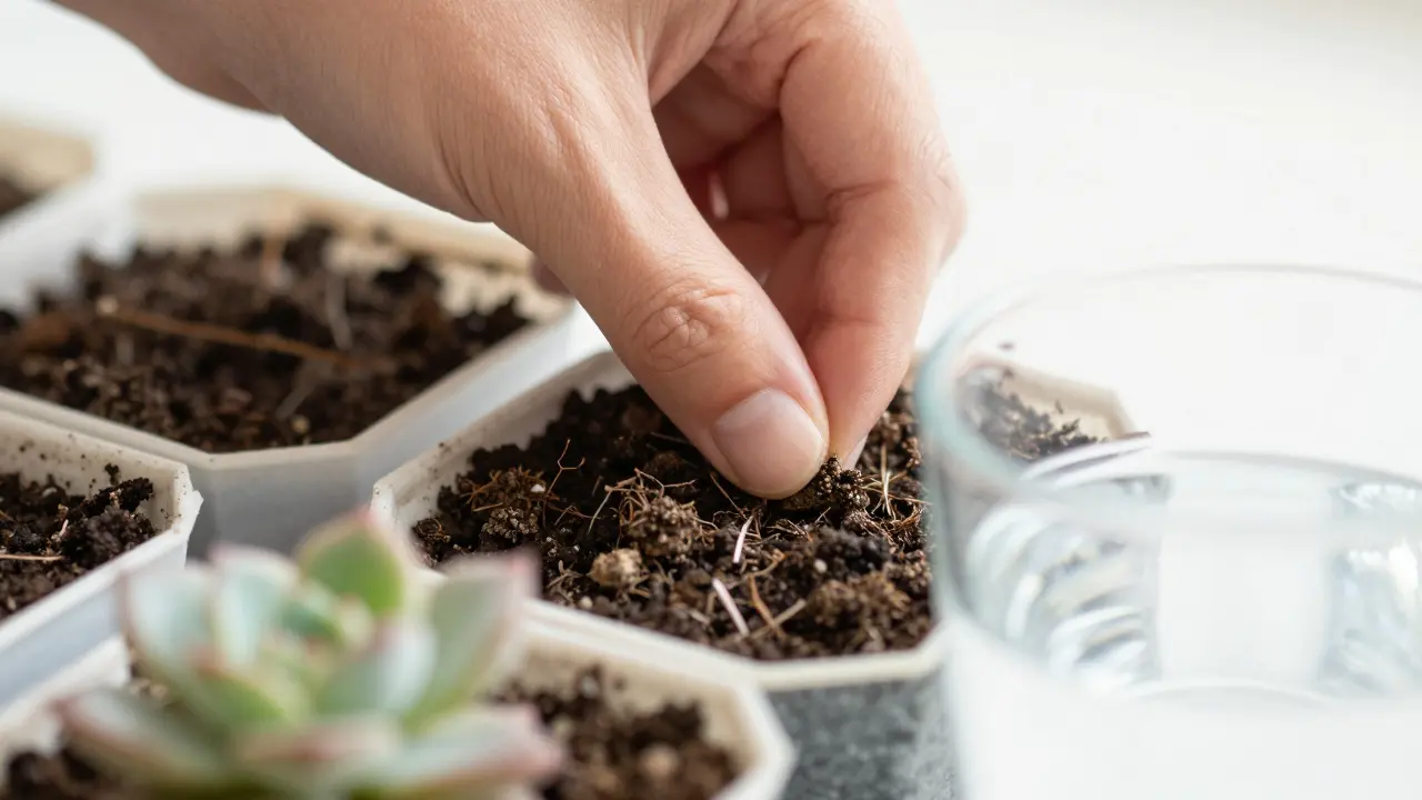 Ruka kontroluje vlhkost půdy u aloe vera vedle sklenice vody