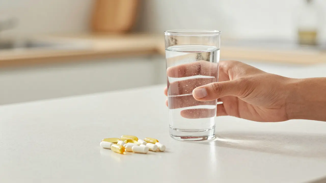 Sklenice vody s rozpouštějící se tabletou vitaminu C