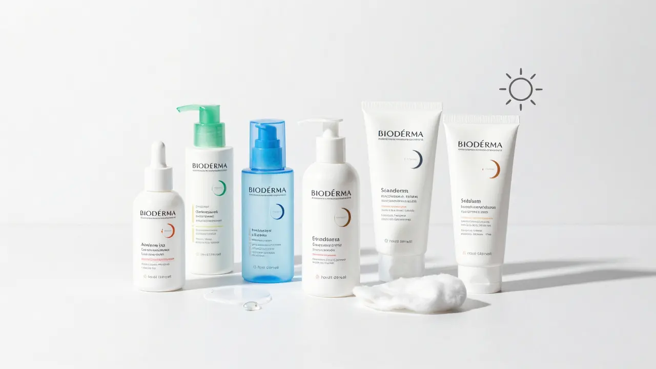 Bioderma lahve na bílém pozadí s vodní kapičkou
