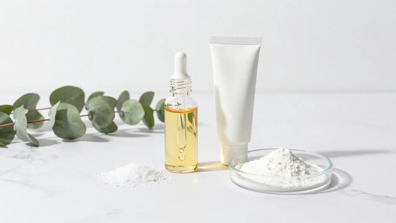 Ingredience jako kyselina salicylová a čajovníkový olej na mramoru