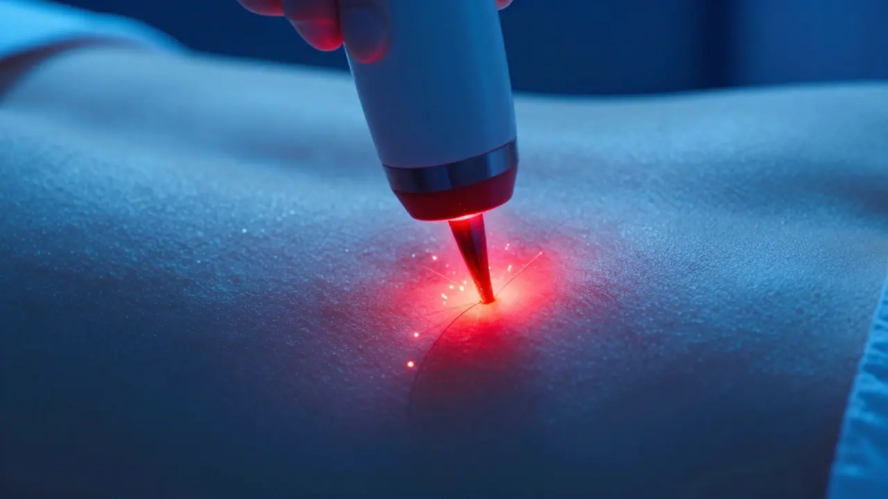 Laserový paprsek cílící na kořen tmavého vlasu