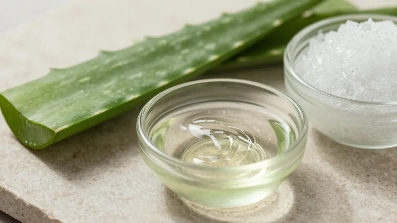 Péče o pleť: Aloe vera, krém a peeling na kamenném povrchu