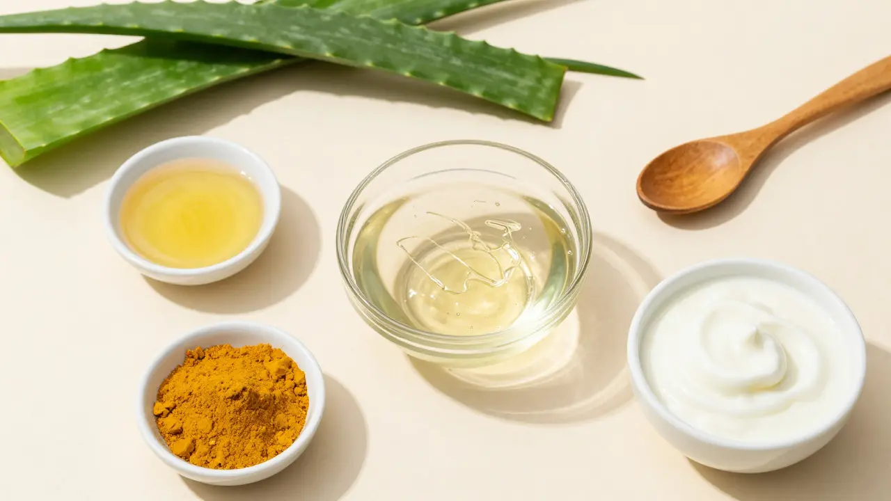 Přírodní ingredience pro masku z aloe vera, medu a kurkumy