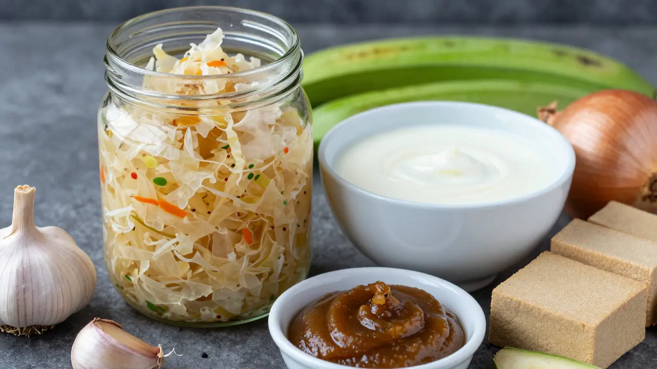 Probiotika a prebiotika: kysané zelí, kefír, miso, česnek a cibule