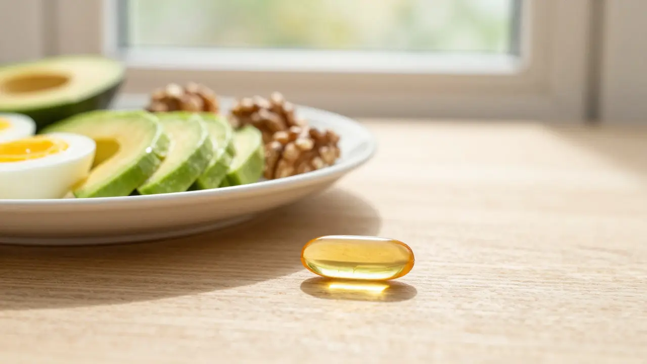 Vitamín D3 kapsle vedle zdravé snídaně s tuky na dřevěném stole