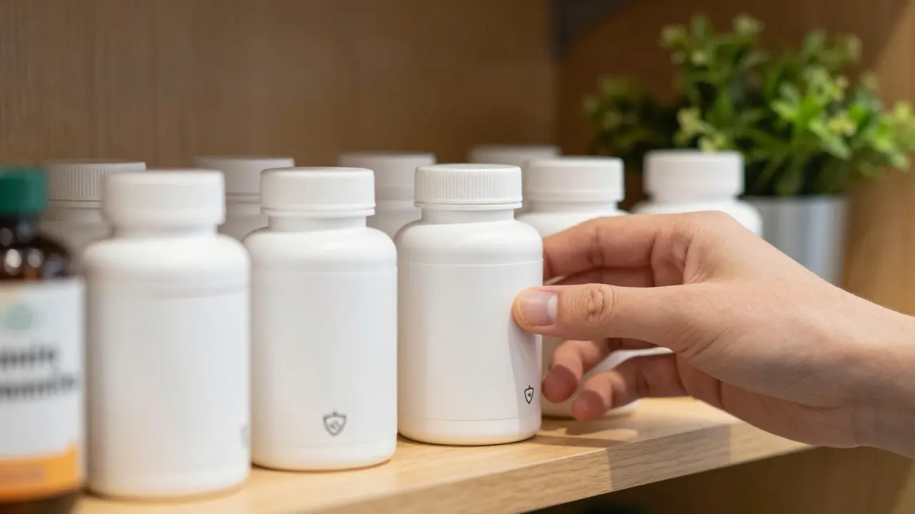 Výběr kvalitních probiotik z regálu bez viditelného textu