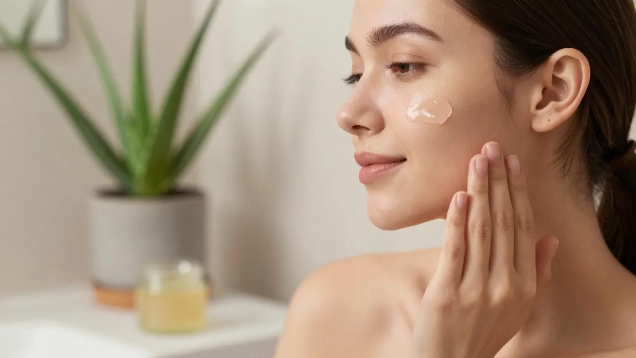 Žena aplikující gel z aloe vera na pleť v klidné koupelně