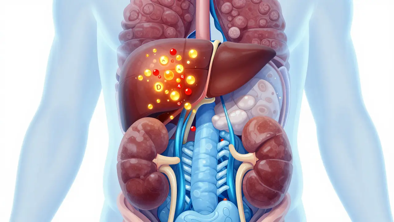 Anatomická ilustrace hromadění tukem rozpustných vitamínů v játrech