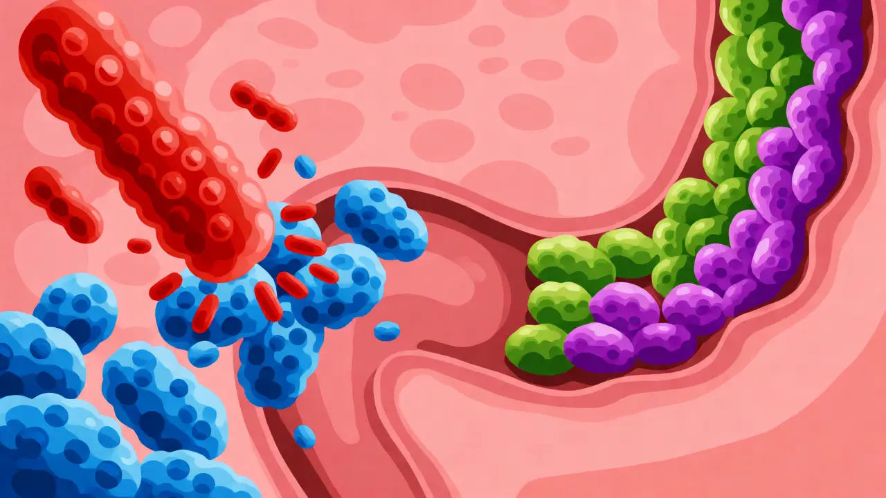 Ilustrace střevního mikrobiomu s antibiotiky a probiotiky oddělenými časem.