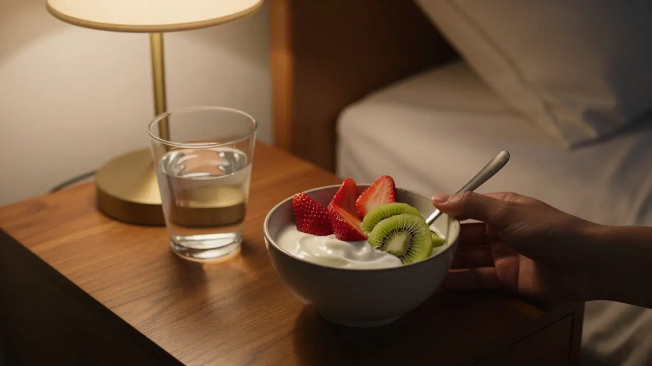 Jogurt s ovocem na nočním stolku pro večerní regeneraci
