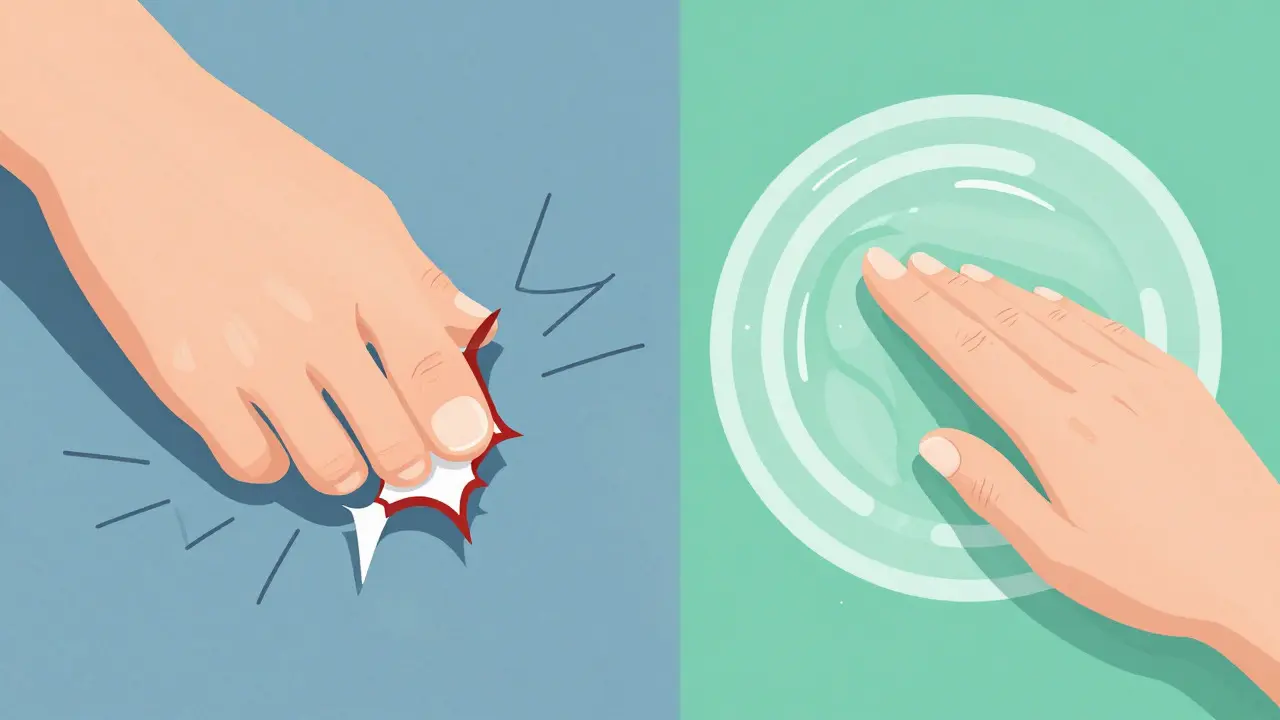 Konceptuální ilustrace správné péče o záděry versus trhání