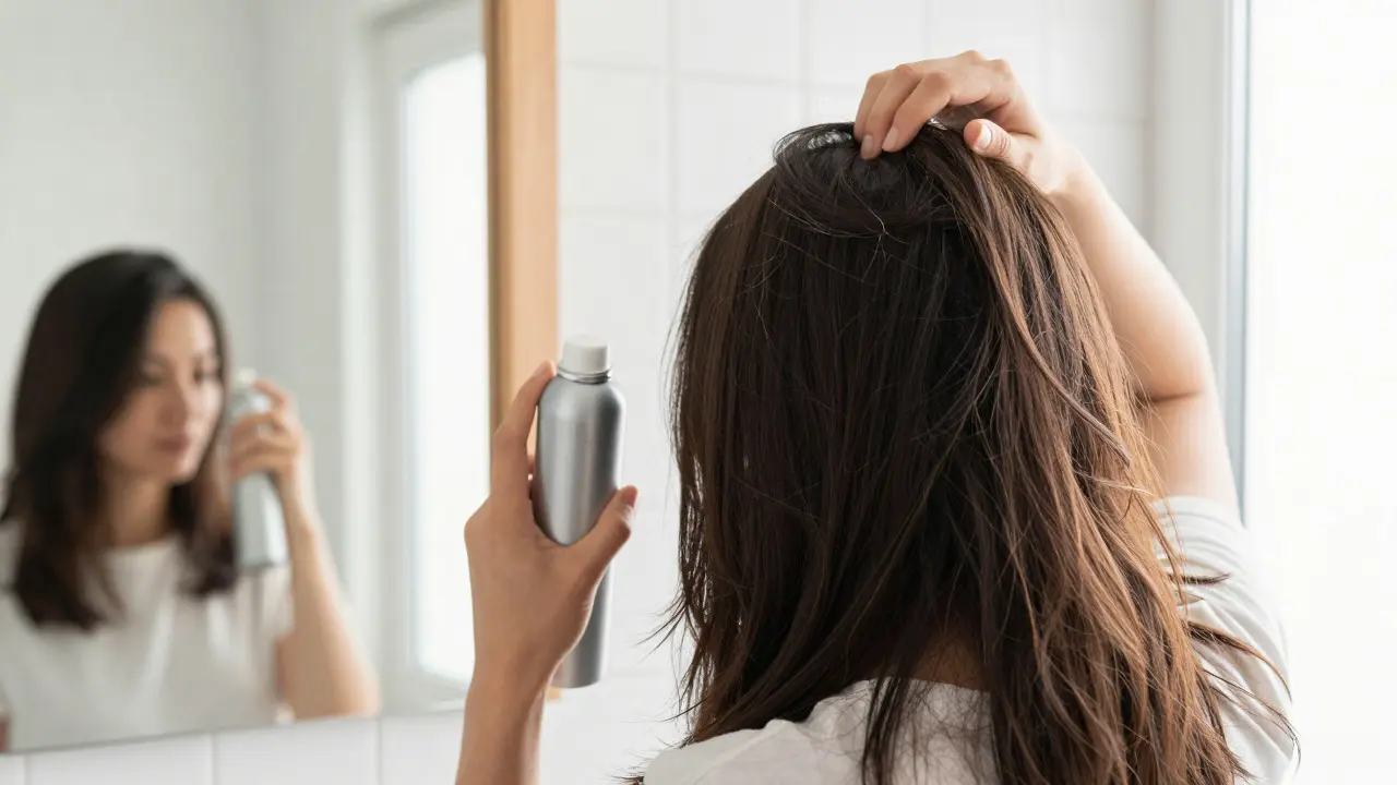 Žena aplikuje suchý šampon na kořínky vlasů před zrcadlem