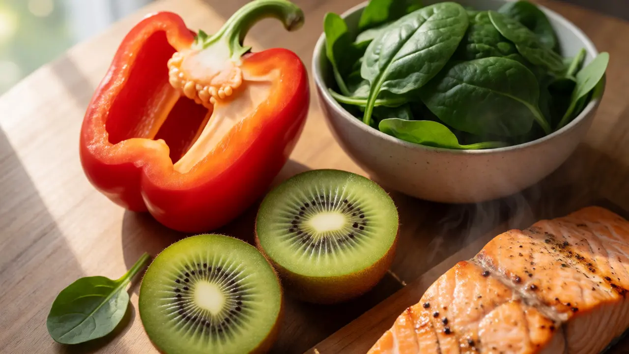 Čerstvé potraviny pro klouby: paprika, kiwi, špenát a losos