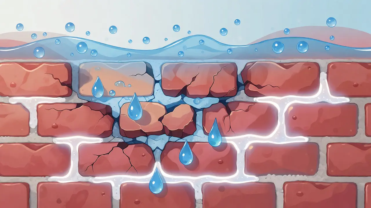 Ilustrace kožní bariéry jako cihlové zdi s ceramidy jako maltou a unikající hydratací.