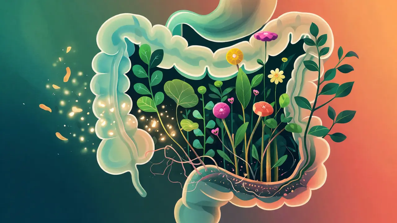 Ilustrace trávicího systému jako zahrady s rostlinami představujícími střevní mikroflóru
