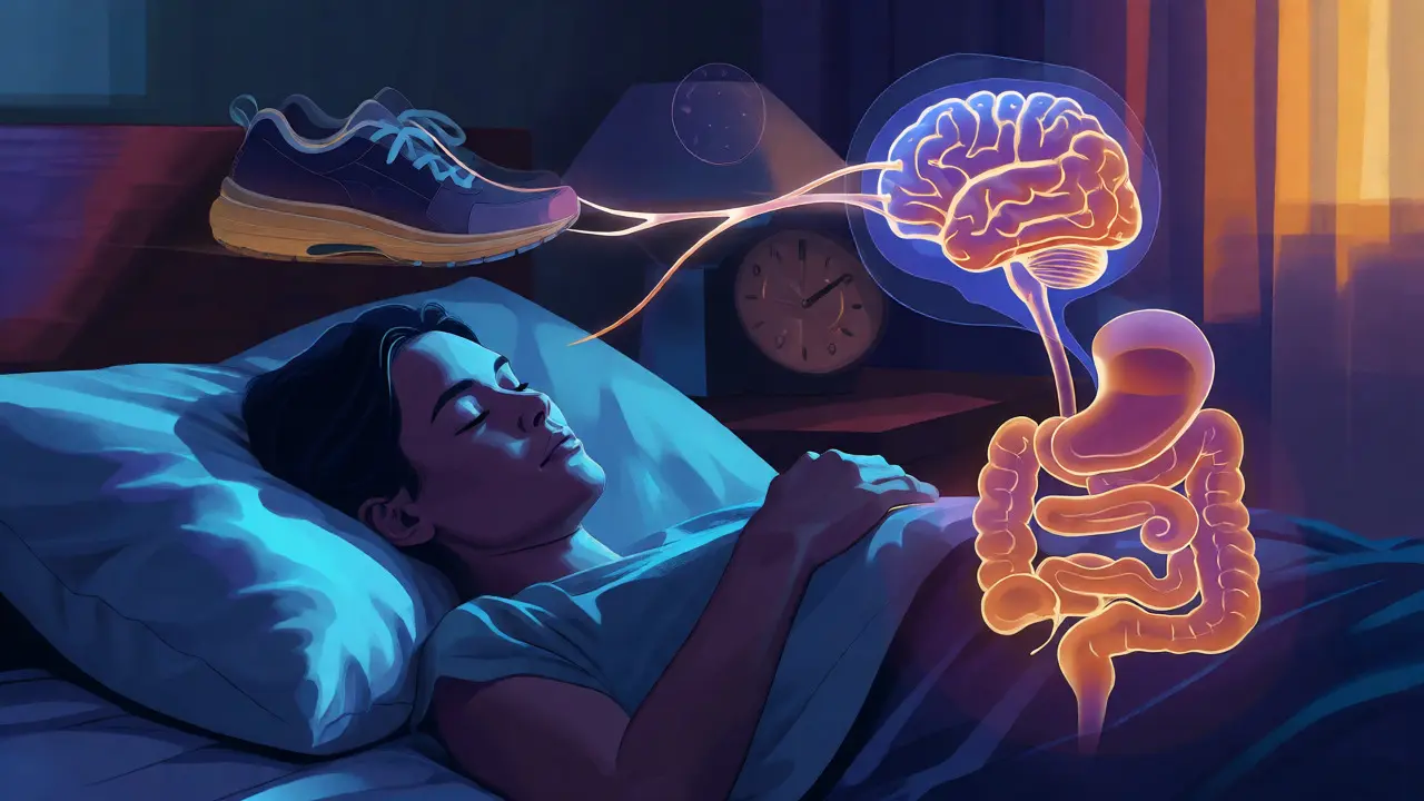 Konceptuální ilustrace propojení spánku, pohybu a zdraví střev