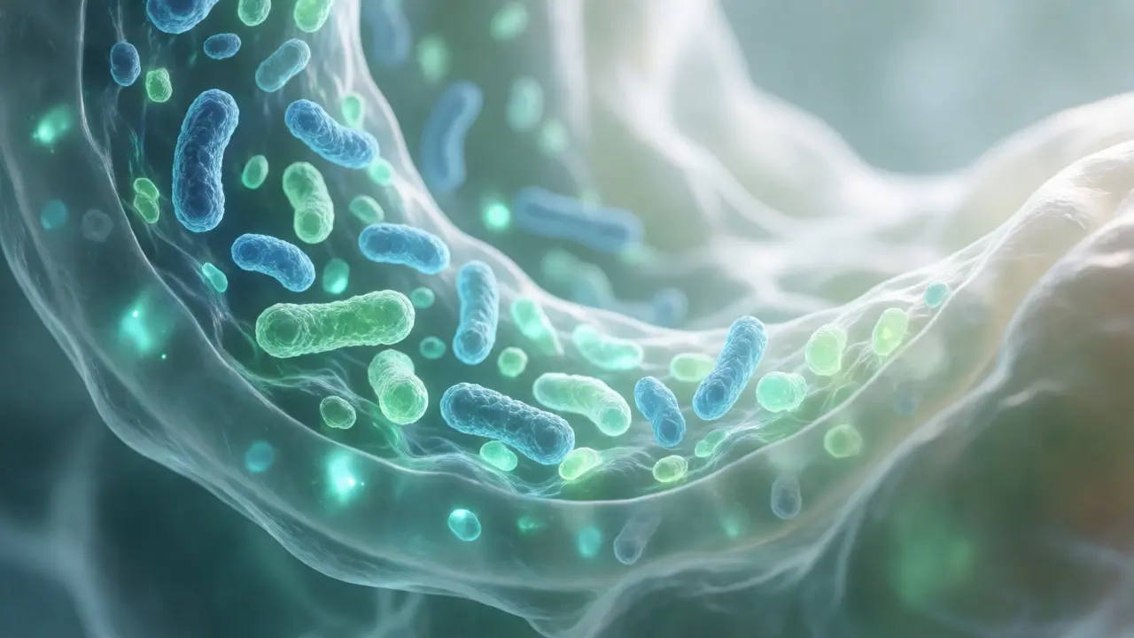 Konceptuální makro snímek střevního mikrobiomu s有益nými bakteriemi