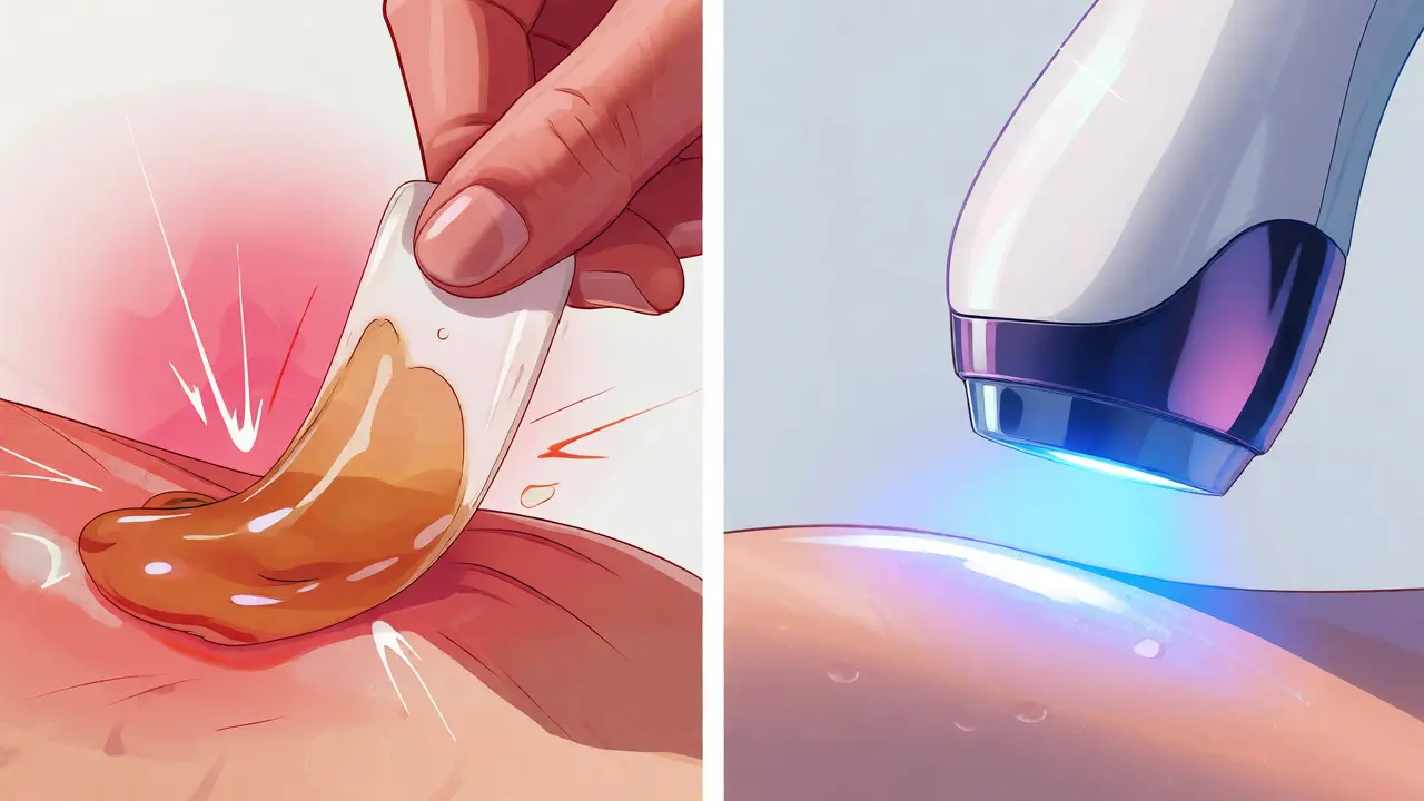 Konceptuální porovnání bolestivého voskování a šetrné laserové epilace