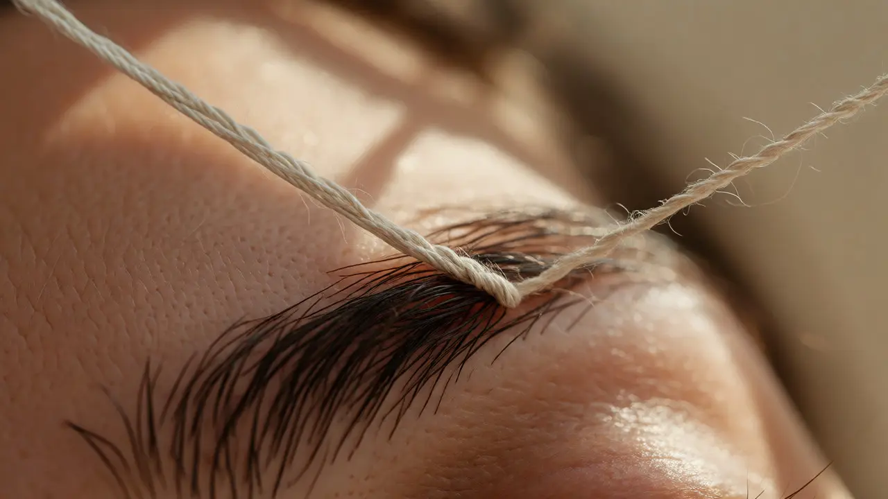 Makro záběr na techniku odstraňování chloupků nitkou (threading)