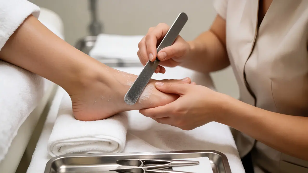 Pedikérka odstraňuje zrohovatělou kůži z paty pilníkem