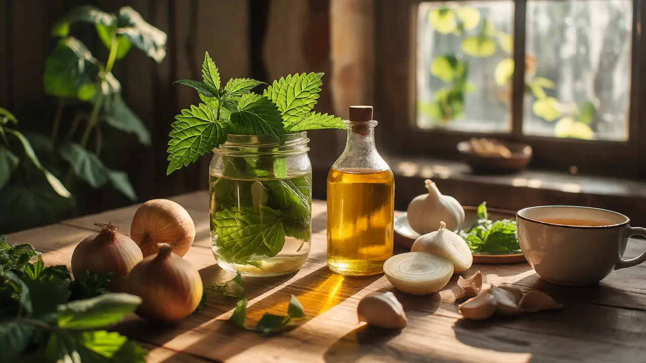 Přírodní ingredience pro péči o vlasy na dřevěném stole
