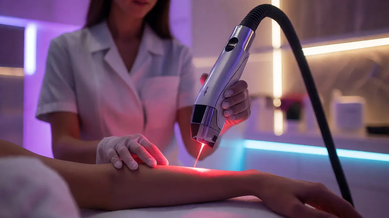 Profesionální ošetření laserovou epilací paže v moderní klinice s červeným paprskem.