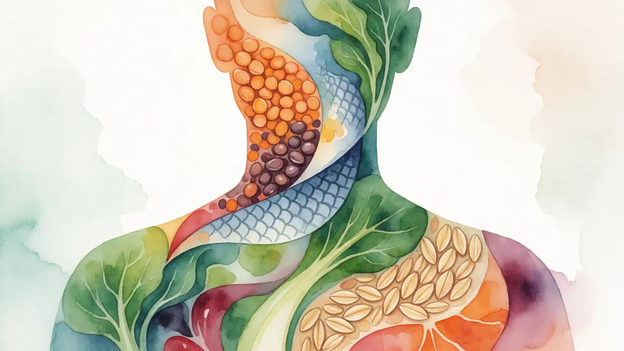 Umělecká ilustrace lidské siluety naplněné barevnými motivy zdravých potravin